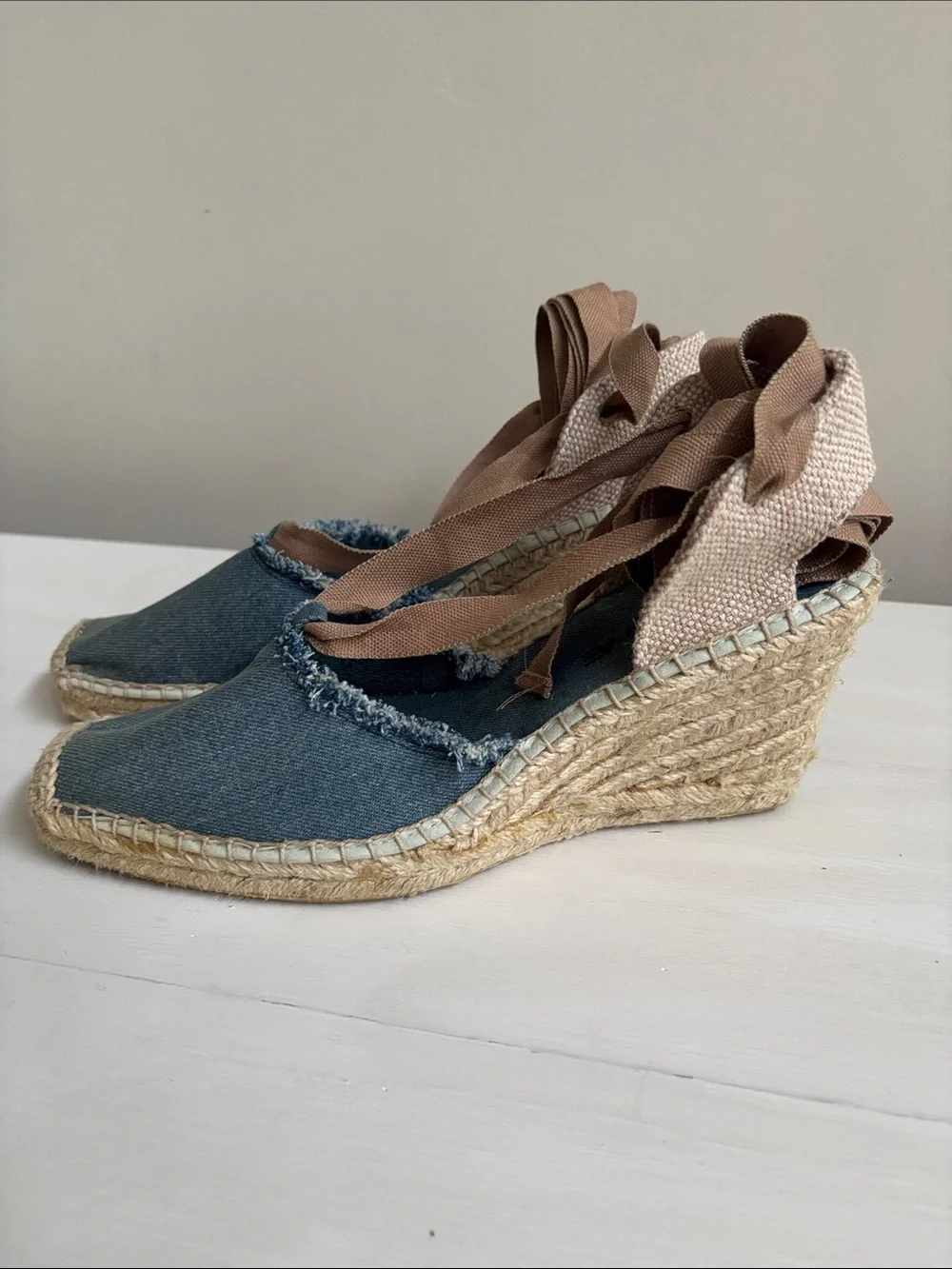 American Eagle  Women's Blue Denim Lace-up Wedge Espadrilles